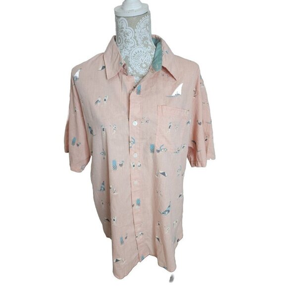 Ocean Current Shirt Short Sleeve Pink Beach Scene Button Down NWT Men's Large - Picture 1 of 6